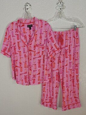 Room Service Size M Pajama Set Notch Collar Cropped Bottoms Pink Cowboy Boots